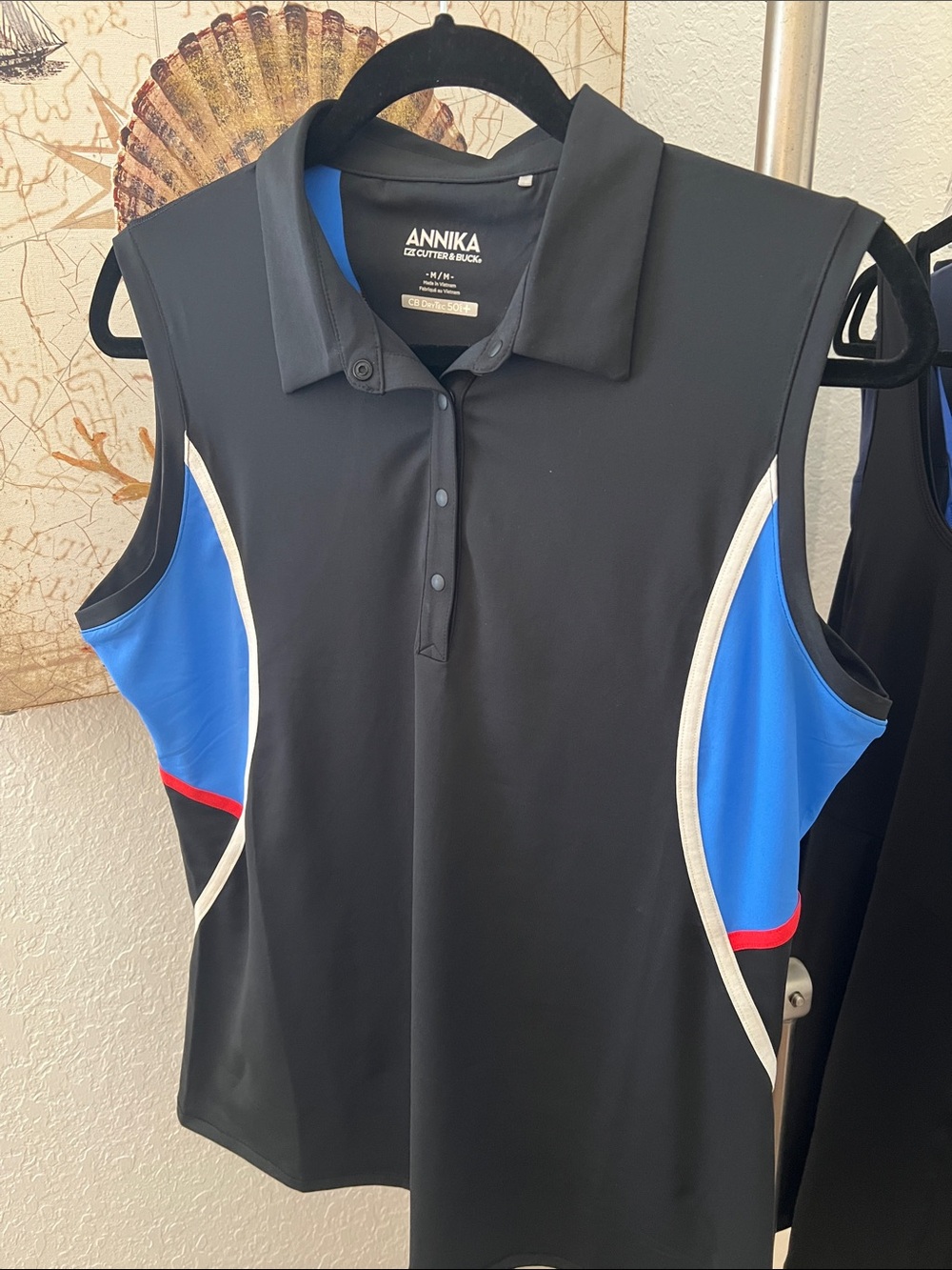 Cutter & Buck Black Sleeveless Golf Polo with Blue & Red Accents